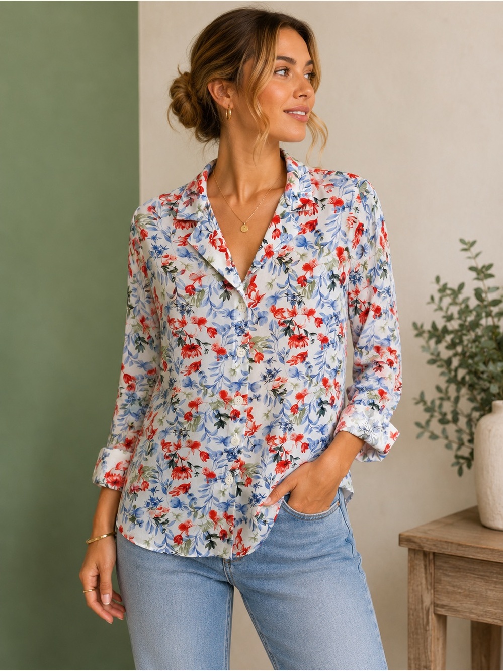 Draper’s & Damon’s Floral Button Down Front Long Sleeve Blouse Size Small